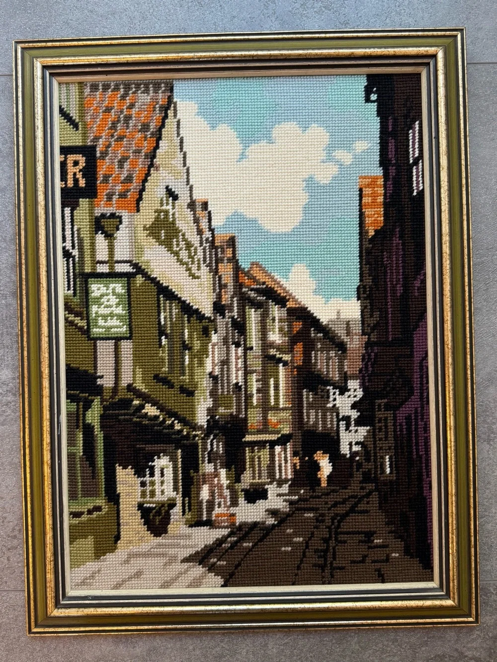 Vintage Needlepoint Street Scene Wall Art in Blue, Green, Brown